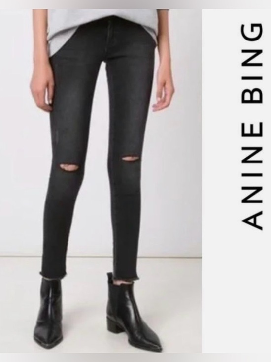 Anine Bing Denim - Anine Bing Black Denim Distressed fray Hem Slit Knee Skinny Jeans Size 24
